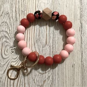 Silicone Beaded Wristlet Floral Pink Red Wooded Bead w/ Lg Lobster Clasp